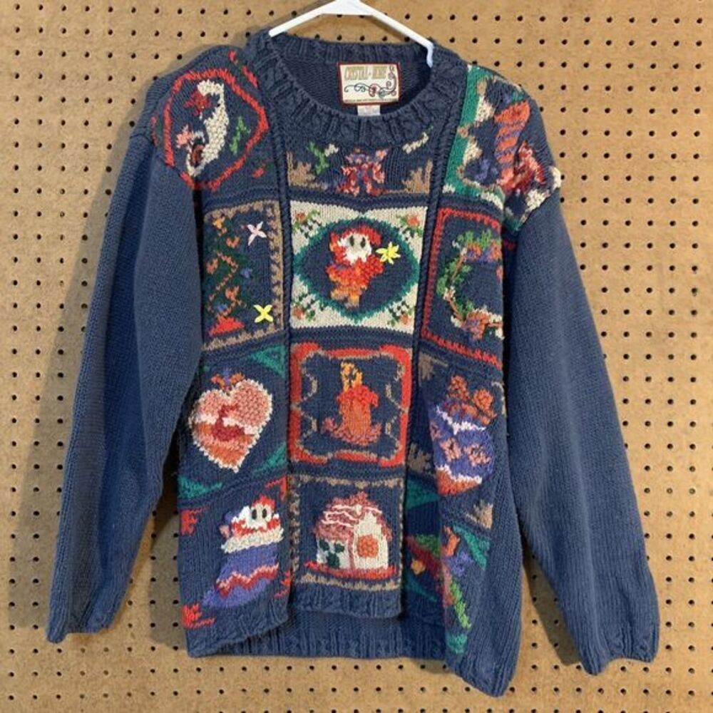 VTG Christmas Sweater Crystal-Kobe Small Knit Patchwork 90s Mom Oversized Blue‎